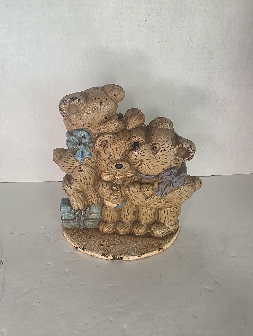 Vintage Cast Iron Three Teddy Bears Door Stop Made in China